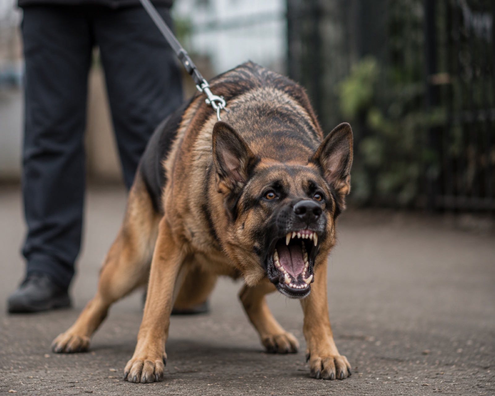 German Shepherd showing the loaded posture of an aggressive dog with a bite history, the kind of compressed warning Tim and Lucy had to learn to read