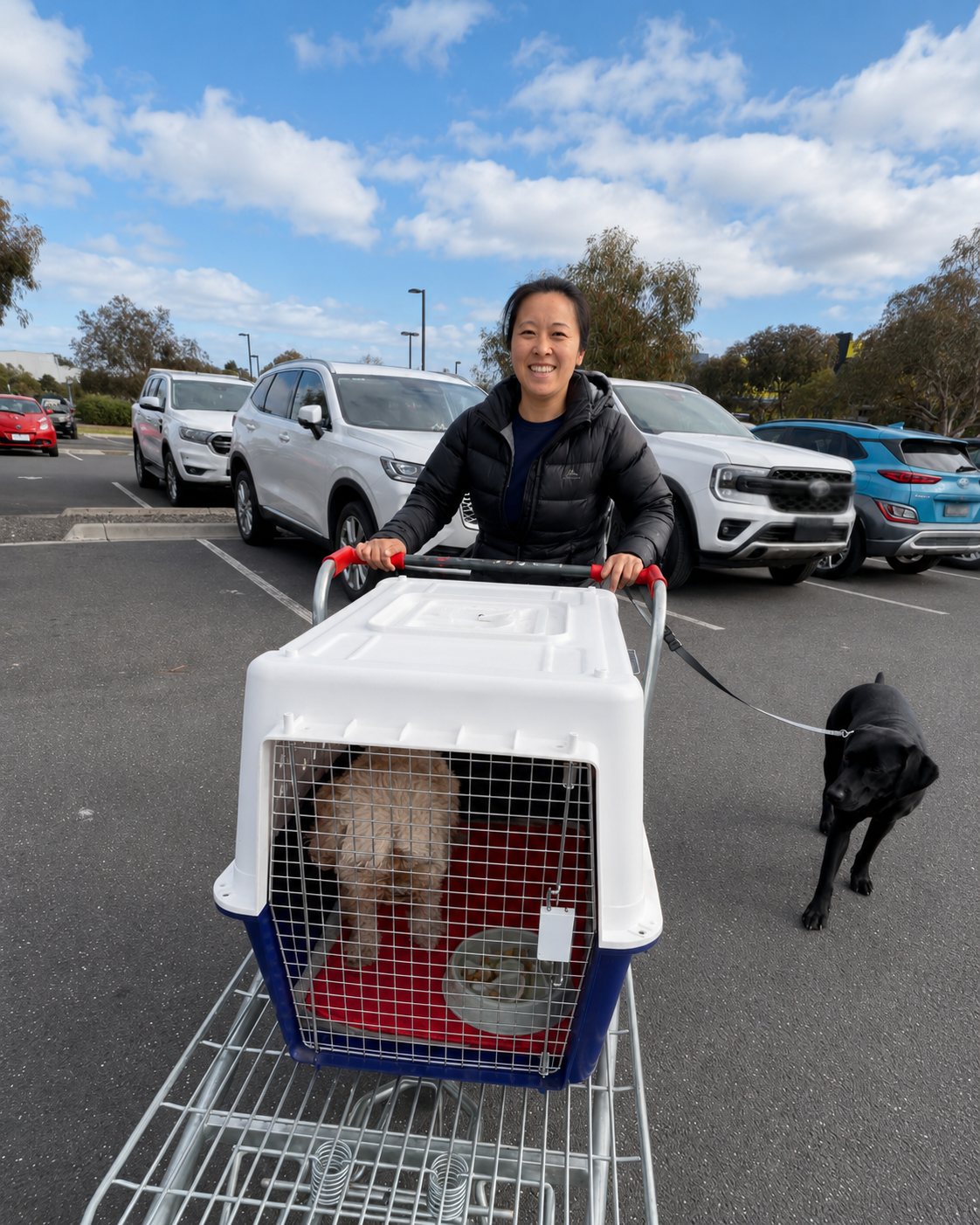 Diona pushing an airline crate on a trolley with a Cavoodle inside and Murphy walking beside, a crate-moving rehearsal before a flight to New York