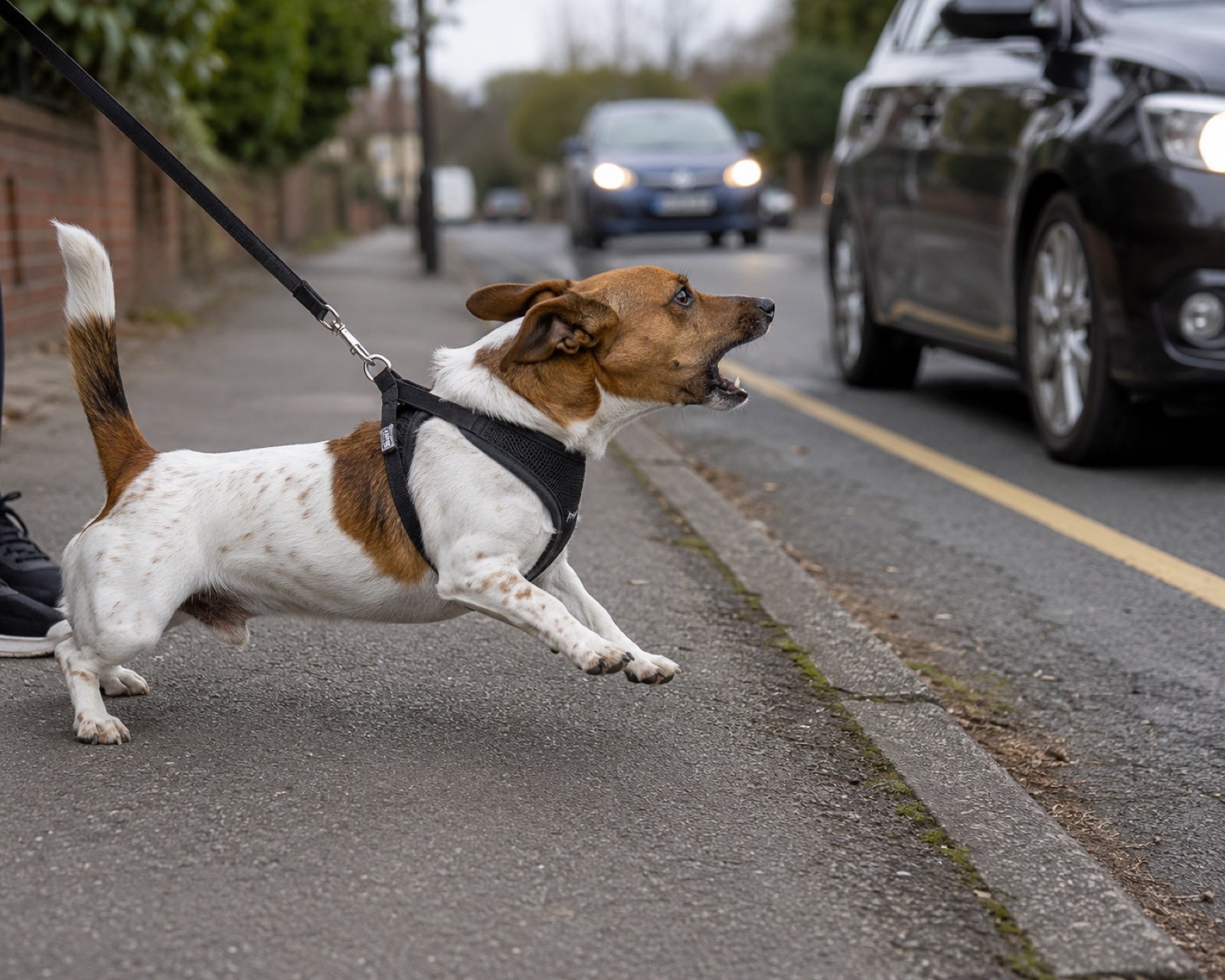 Dog lunging at a passing car at the end of its leash, the volcanic reaction pattern that defines car-reactive dogs on suburban walks
