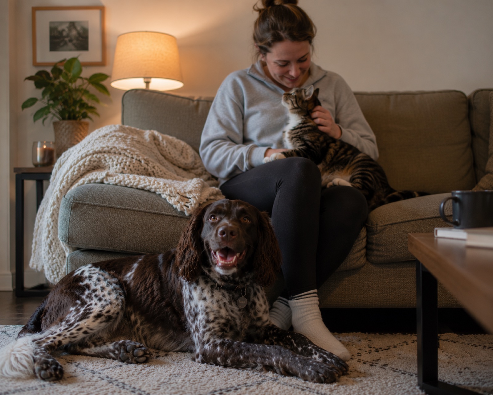 Once-reactive teenage dog now relaxed in the same room as the household cat, the household-tension shift that comes after the FOMO baseline drops