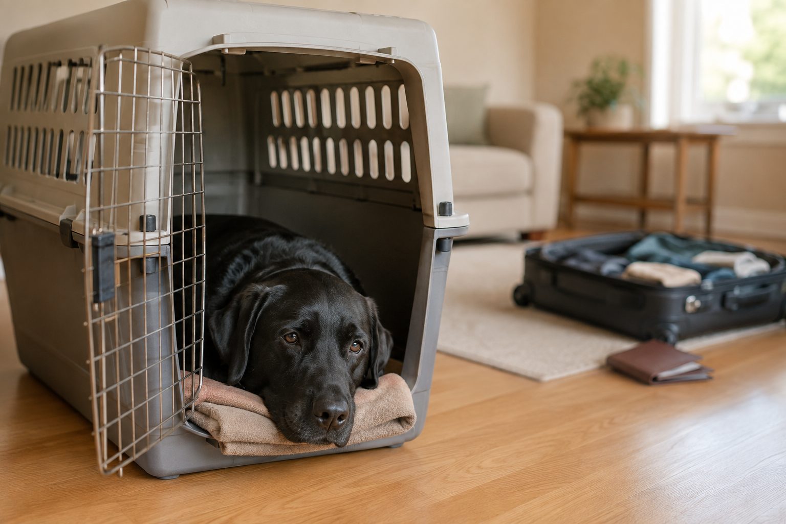 A black Labrador lying relaxed inside an open airline crate at home, a half-packed suitcase behind it