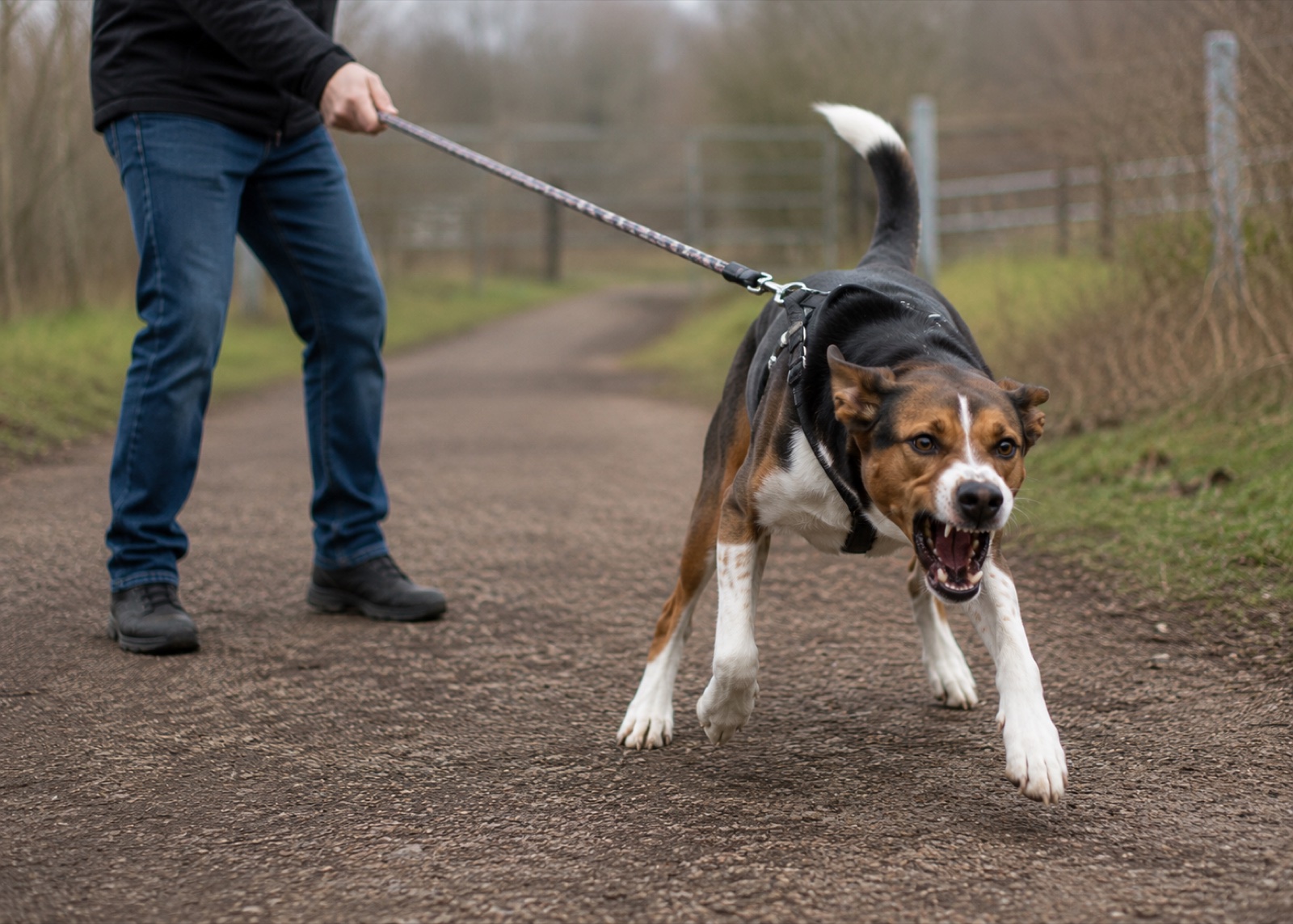 Harrier hound at low-baseline arousal, the still-waters state every reactive dog is being trained back toward