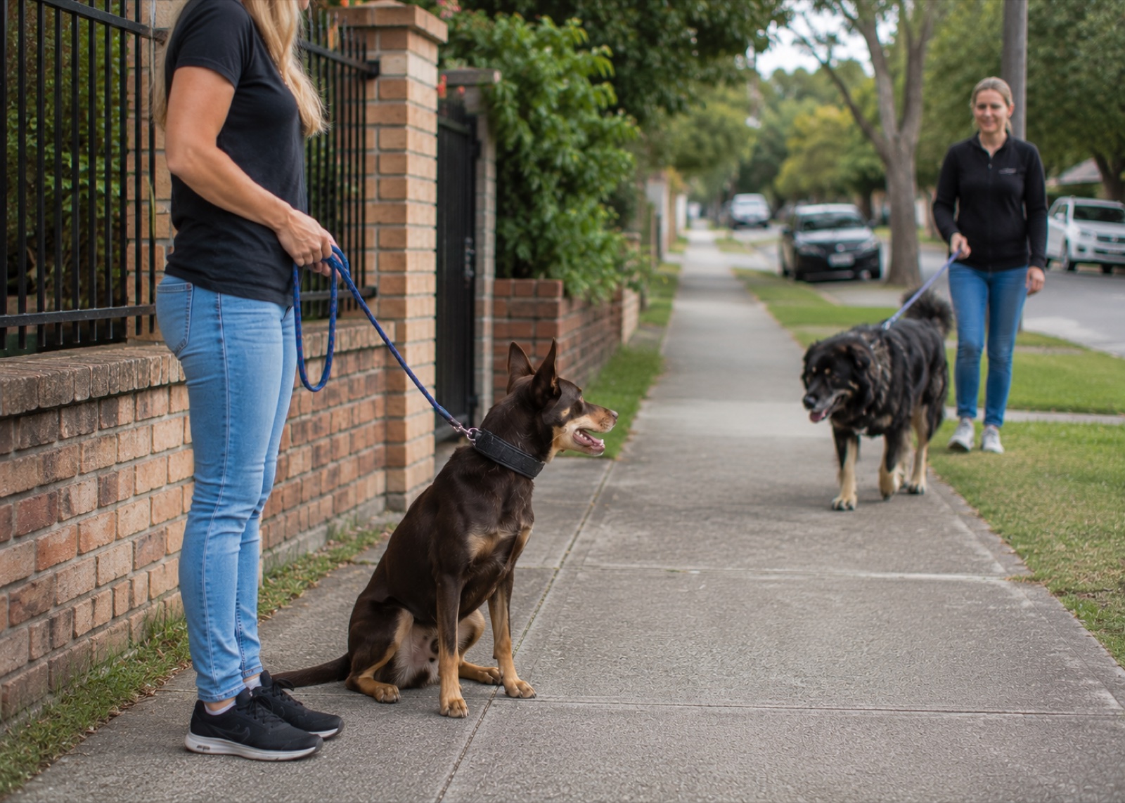 Gibbs the Kelpie cross calmly facing away from another dog and looking back to his handler, the trust-built choice that signalled the training had landed