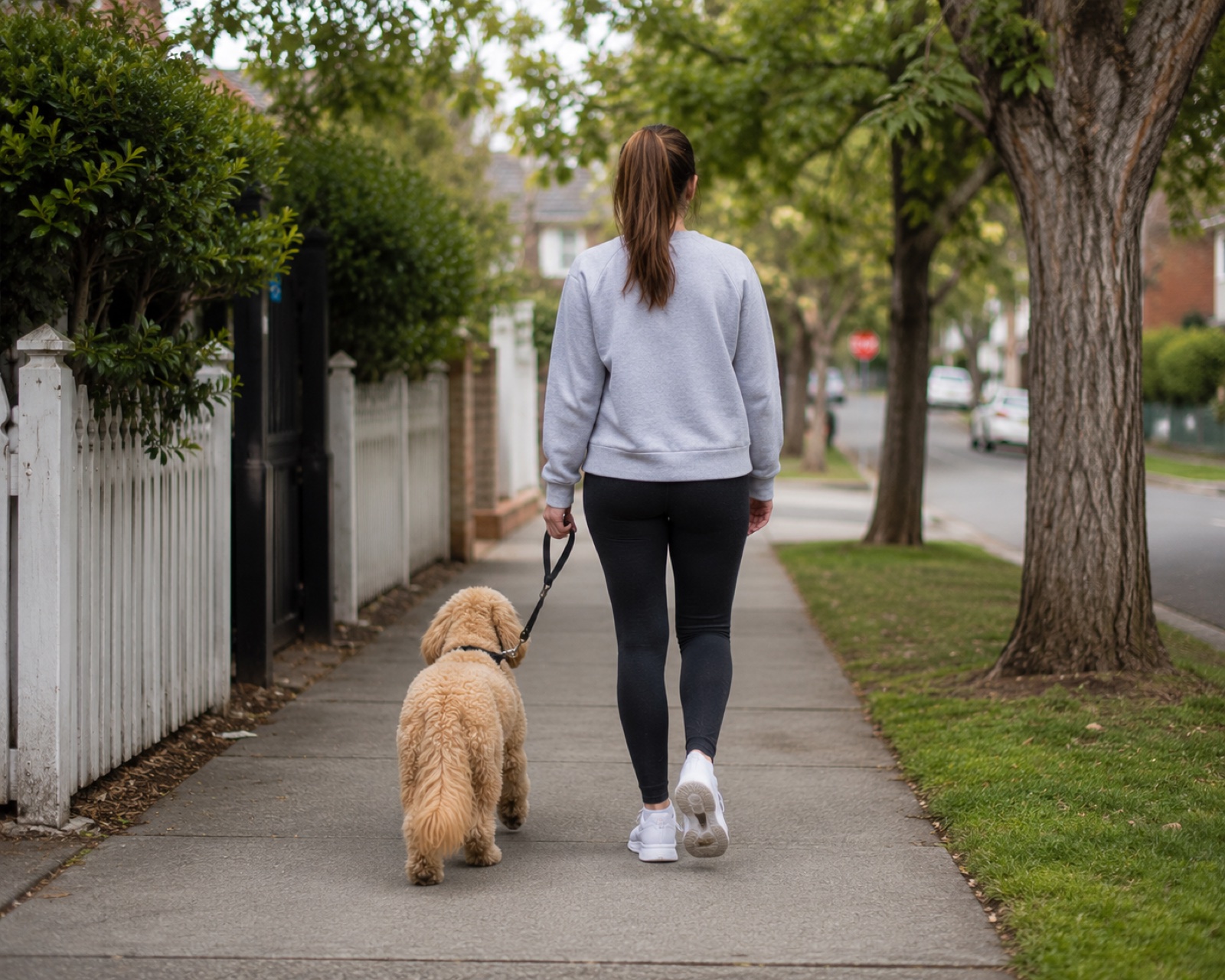 Previously fearful dog walking on a loose leash beside its owner, the relaxed body language Bodhi reached after four sessions of decompression and trust-building