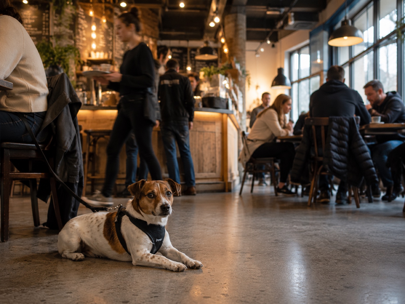 Dog settled quietly under a cafe table while the world goes by, the regulated cafe-test outcome cycles are built to produce