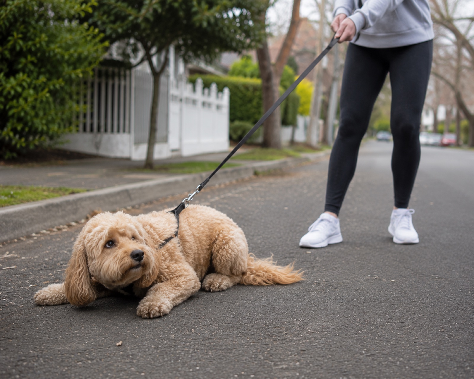 Scared dog with weight back and body low, the small-and-tucked posture of fear-based reactivity before a bark or backward pull