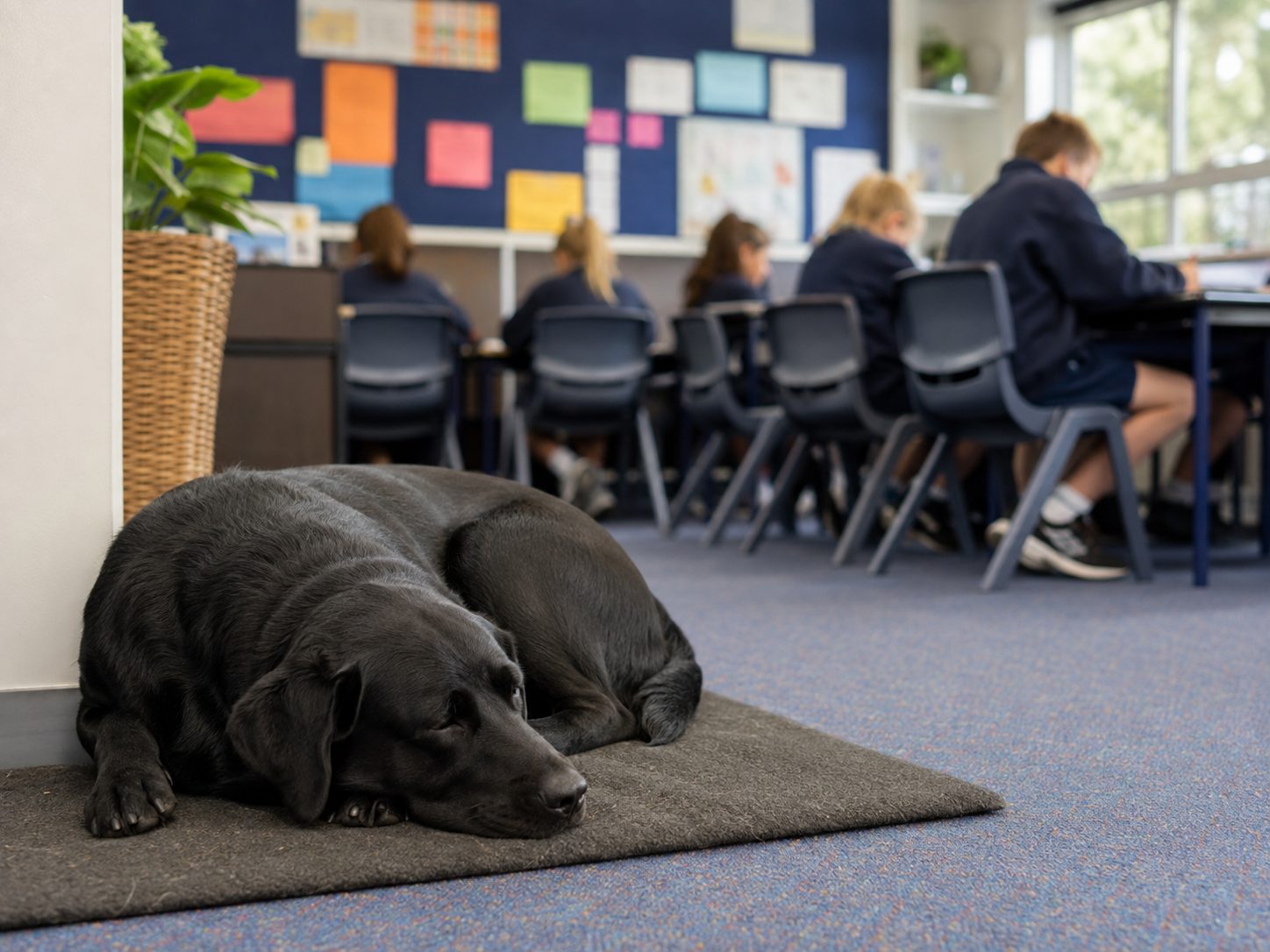 A black Labrador lying still on a mat in the corner of a primary school classroom while children work at their desks behind it