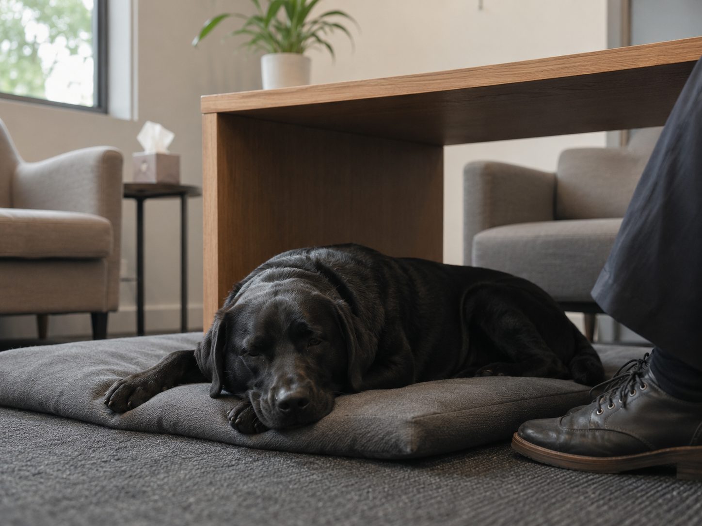 A black Labrador settled on a cushion under a desk in a quiet consulting room, ignoring the room, only the practitioner's shoes in frame